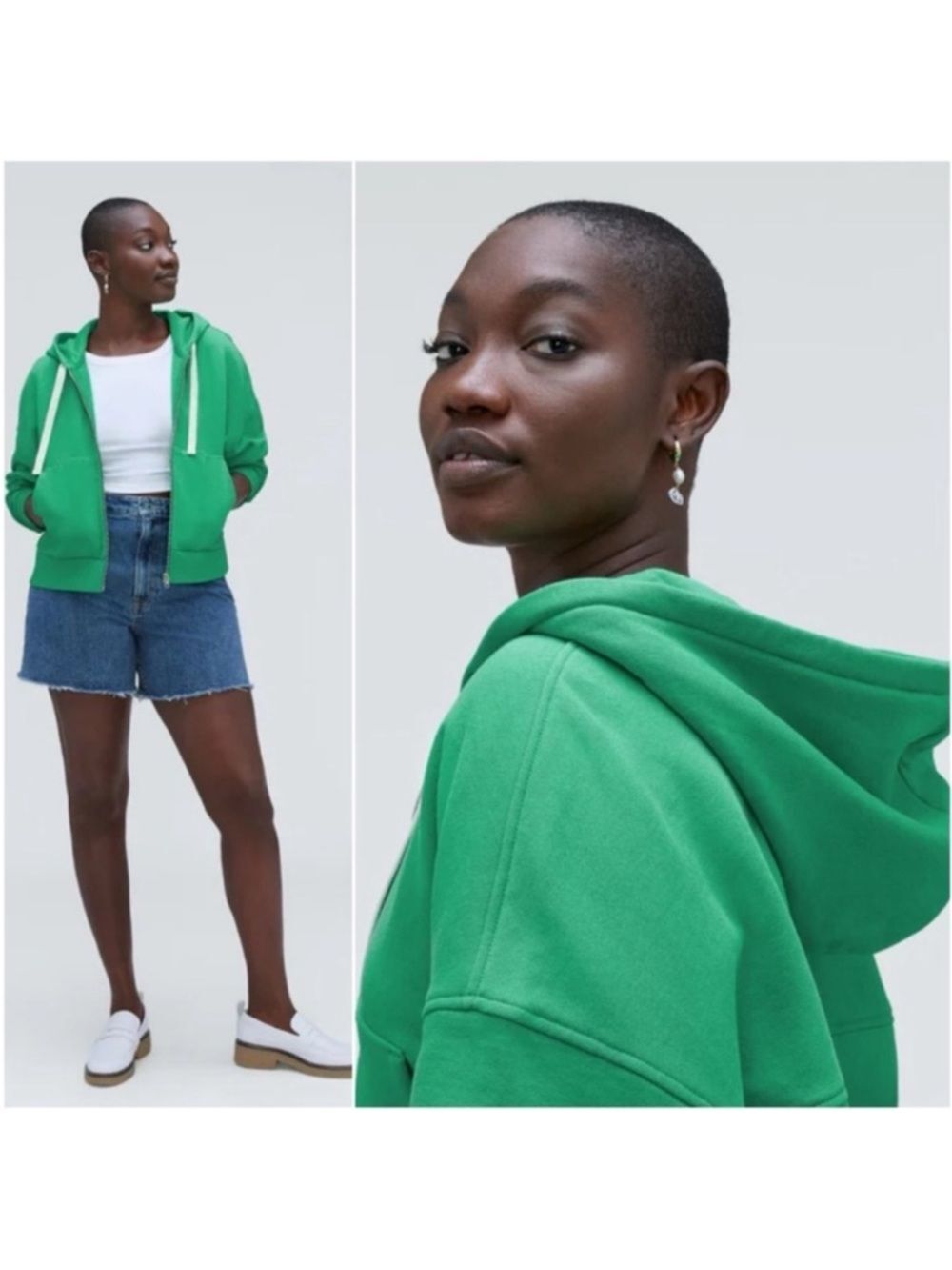 NWT Everlane The Track Full Zip Cropped Hoodie 100% Organic Cotton Green XXSmall
